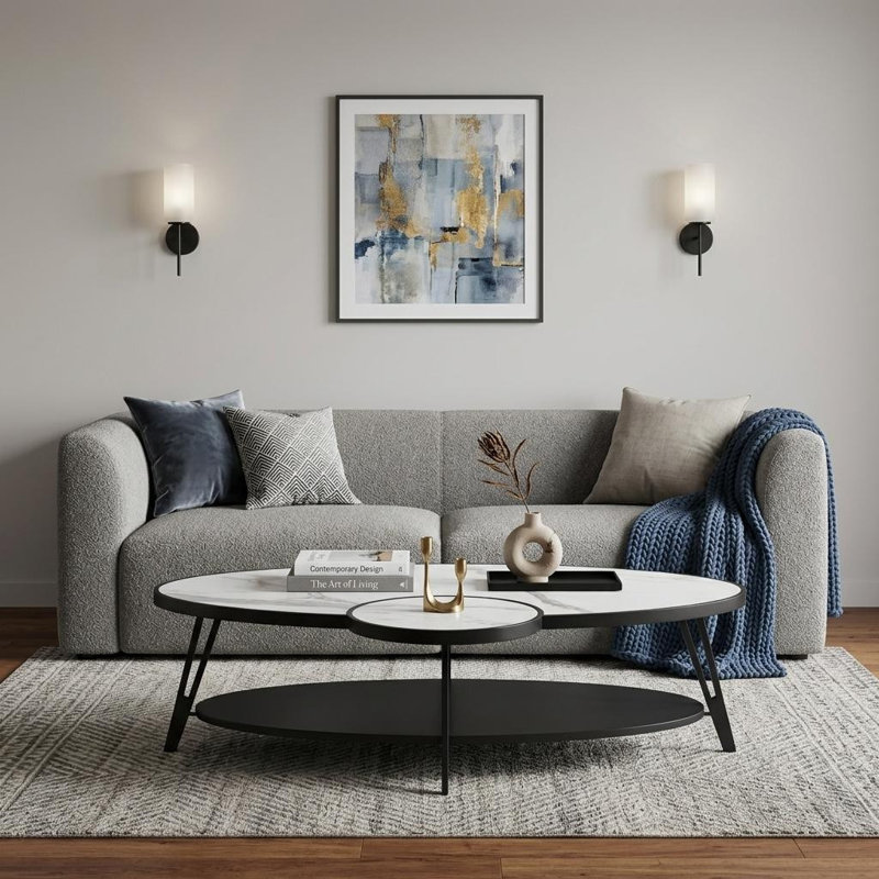 Table basse ovale en fer fritté blanc et noir 53 po avec tablette