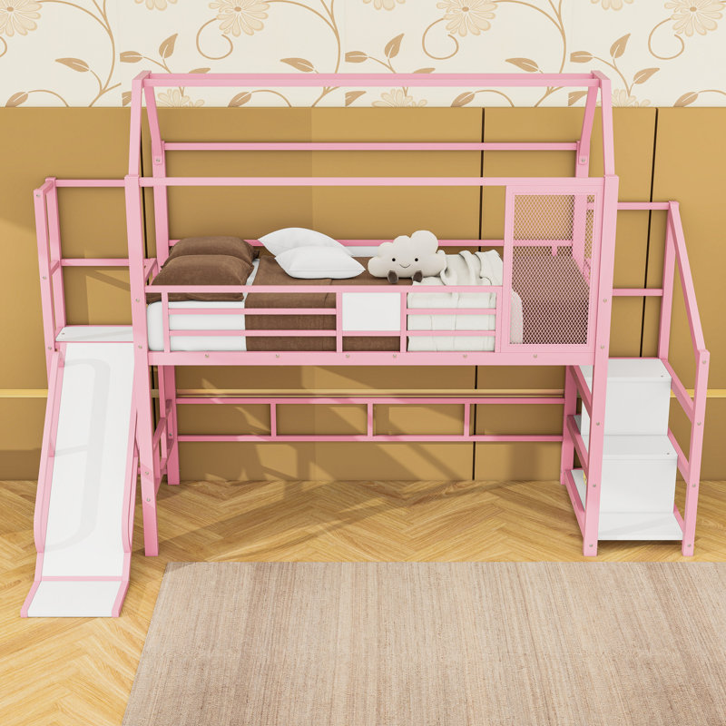 Metal House-Shaped Loft Bed With Stairs And Slide, Twin, Pink