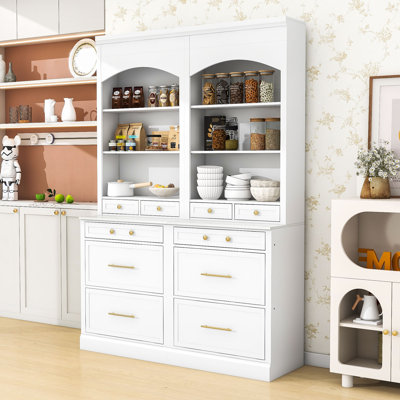 Set of 2 Freestanding Tall Kitchen Pantry with Faux Marble Top, Drawers and Adjustable Shelf by Red Barrel Studio