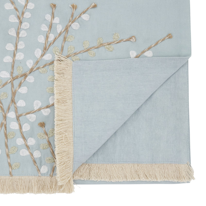 Embroidered Botanical Table Runner – Lined Decorative Table Runner with Fringe for Dining & Console Tables, 16"x72", Blue