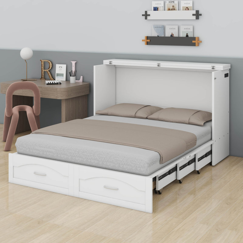 Armoire-lit escamotable pour grand lit escamotable avec tiroir de rangement, port USB, station de charge, cadre de lit escamotable en bois pour bureau à domicile ou petite pièce