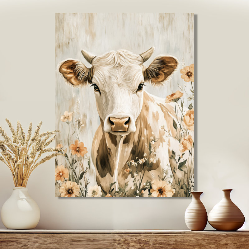 Décoration murale en métal représentant une vache de la ferme, style cottage fleuri sauvage - Tableau mural animal de ferme