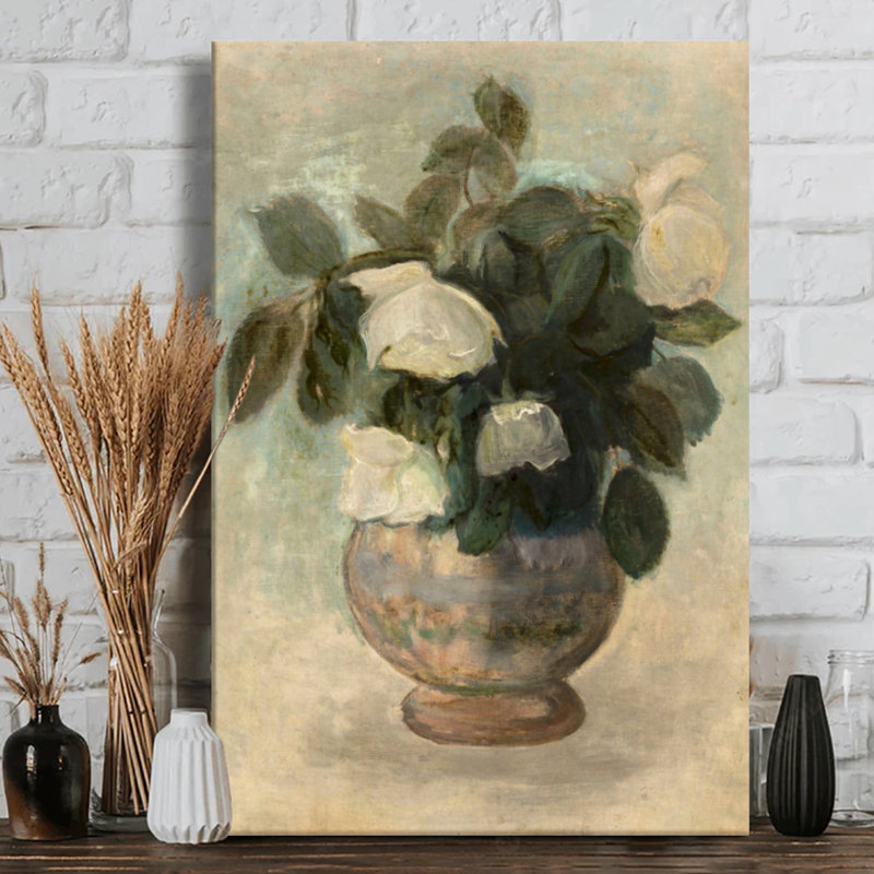 «White roses in a vase», art mural sur toile - coups de pinceau doux - galerie profonde de 1 po - 24 po x 36 po