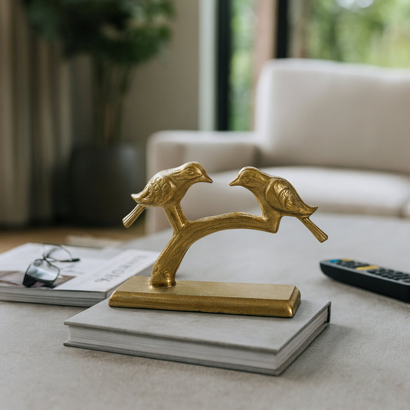 Decorative Metal Charming Birds Figurine Sculpture for Table Decor - Statue for Bedroom, Shelf, or Living Room Decoration - 10", Gold & Metallic