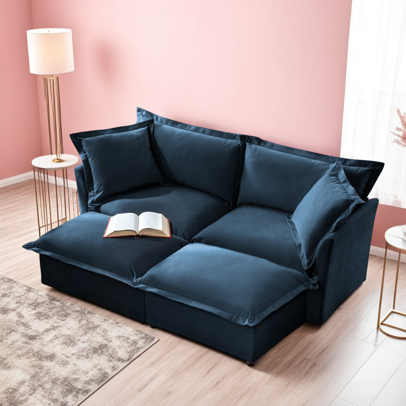 Canapé modulaire convertible de 83,4 po avec housse en velours côtelé amovible, Bleu