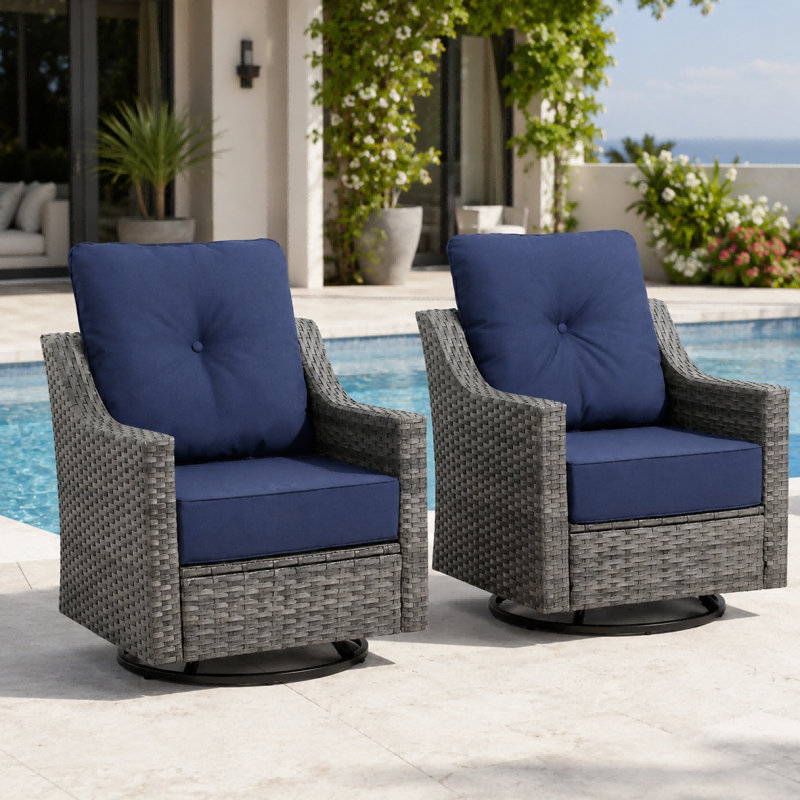 Swivel Patio Chairs Set Of 2, Outdoor Wicker Swivel Rocker Chairs With 6" Thick Cushions, All Weather Wicker Patio Furniture Set For Porch, Balcony, Garden,Wicker/Blue