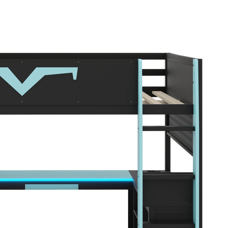Lit mezzanine double Pro-Gamer avec bureau intégré, éclairage à DEL RVB, prise de courant, grande bibliothèque, panneau perforé, tablette à clavier et tiroir
