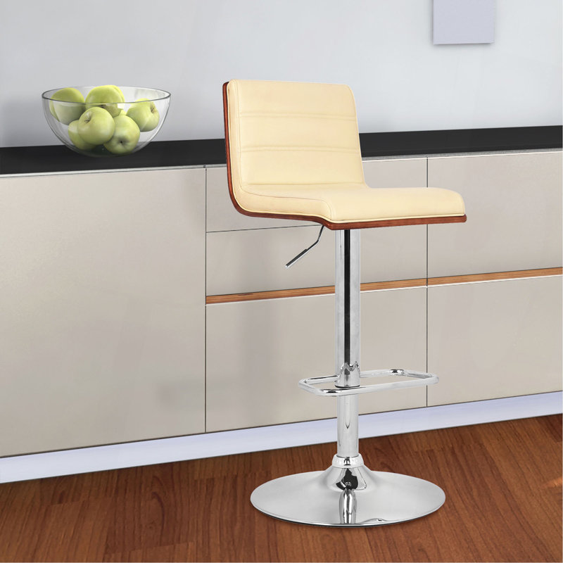 Tabouret de bar pivotant à hauteur réglable en similicuir et chrome avec bois de noyer