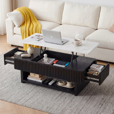 46.5" Rectangle Lift Top Coffee Table With Drawer & Hidden Storage, Modern Fluted Table With White Marble-Pattern Top & Solid Wood Strips, Multi-Functional Center Table For Small Space, Living Room