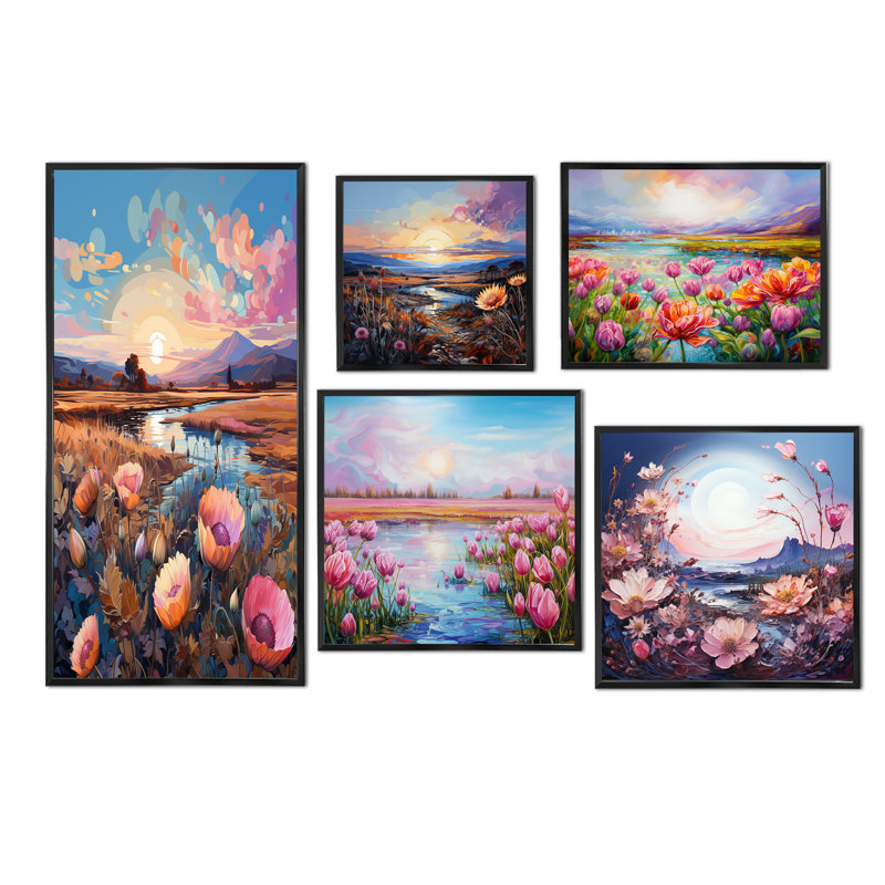 Thistle Flower Field Sunset - ensemble de 5 impressions sur toile Flower Field, Cadre flottant noir