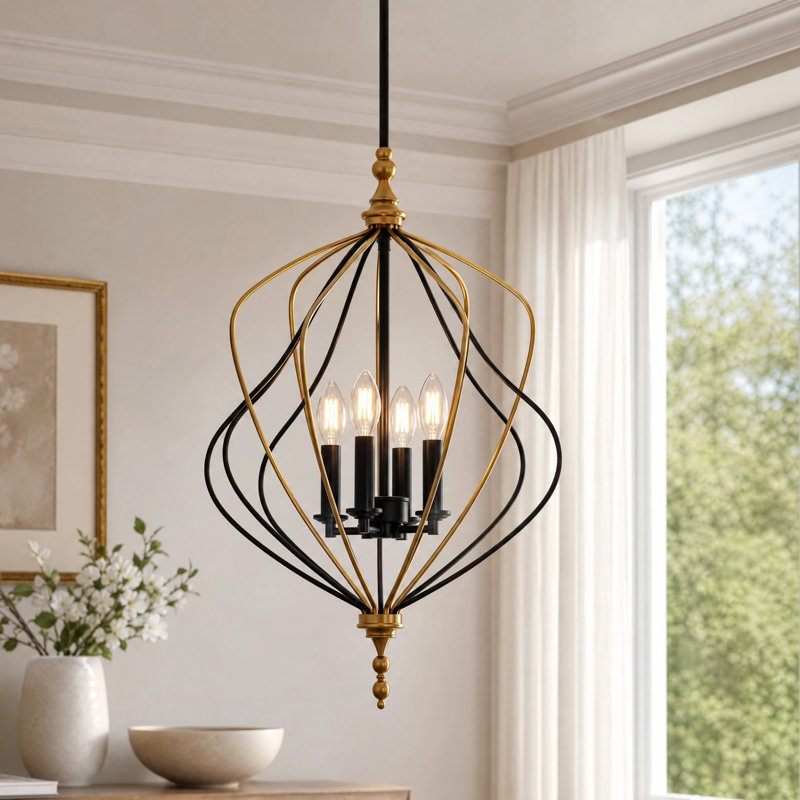 4-Light Gold & Black Geometric Cage Pendant Light, Adjustable Height
