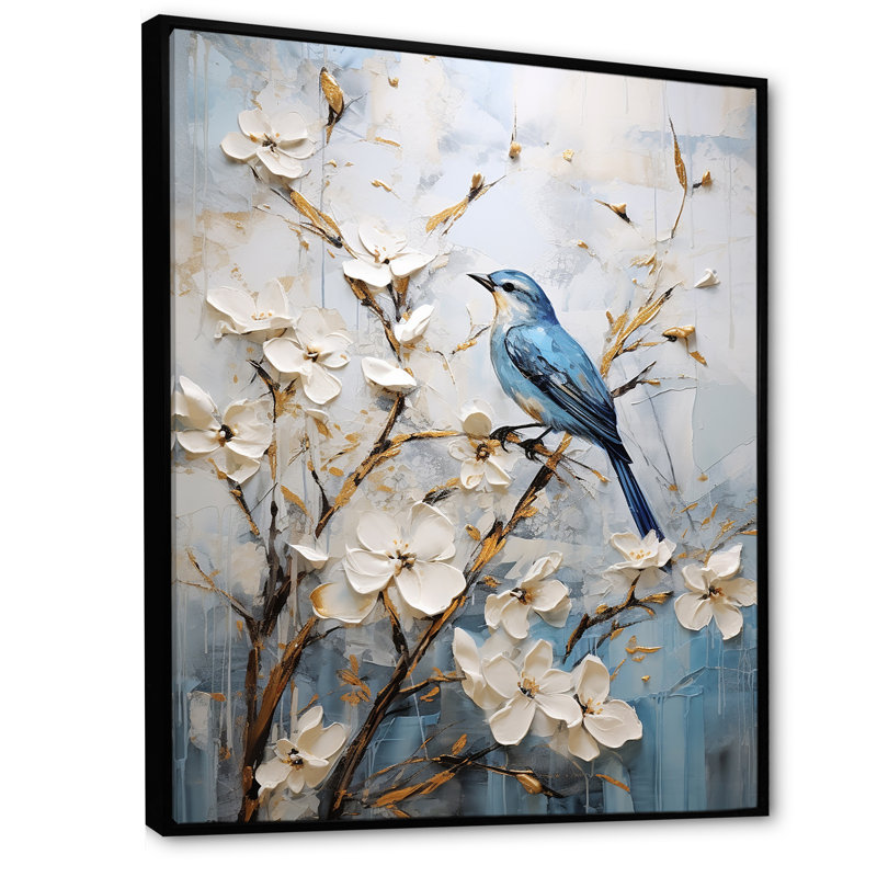 Art mural minimaliste, fleurs et oiseaux du printemps, 20" H x 12" W, Cadre flottant noir