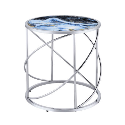 Table de bout en marbre bleu 22 "avec support en métal et plateau en verre brillant