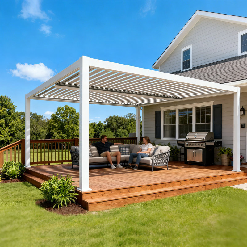 Kozyard Outdoor Louvered Pergola 12' x 16' Pergola Sun Shade All-Weather Aluminum Packing Shelter with Drainage System Adjustable Roof Waterproof for Poolside Patio Garden Yard White