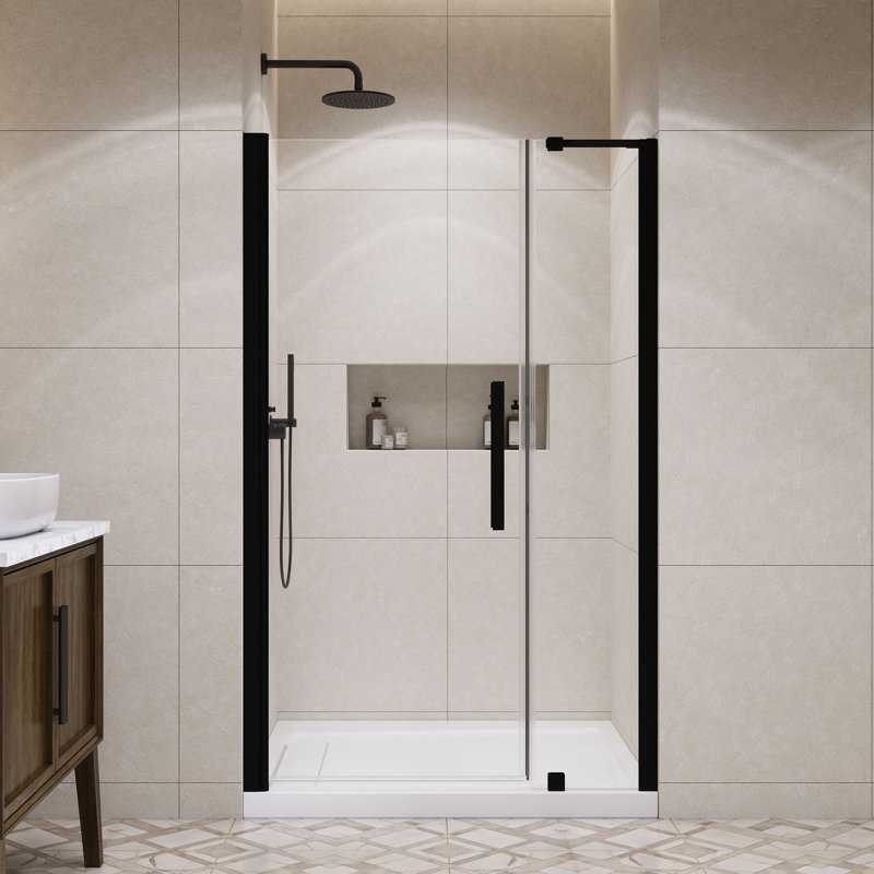 OVE Decors Pasadena 48 In. W X 36 In. D X 74 3/4 In. H Alcove Frameless Pivot Shower Door Kit With Base Pan, 2025, Black