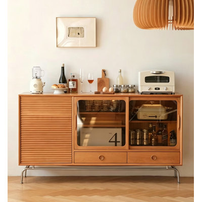 Nordic Style Solid Wood Sideboard with Glass & Metal for Living Room and Kitchen