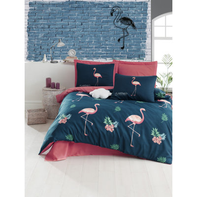 Ensemble de housse de couette luxueuse double, bleu foncé avec des accents roses et verts | Housse de couette 65% coton / 35% polyester, 78,7 po x 78,7 po et taies d'oreiller 31,5 po x 31,5 po (2) | Lavable à la machine, fermeture à boutons, conception élégante