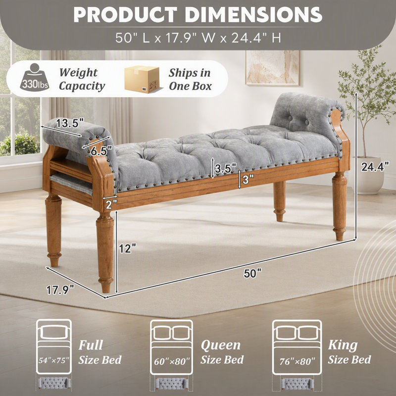 Banc rembourré en bois massif, banc de bout de lit avec accoudoirs roulés, repose-pieds capitonné avec garniture cloutée classique