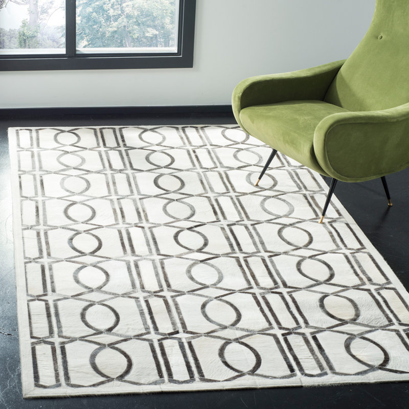 Ivory and Gray Hand-Knotted Geometric Cowhide Rug