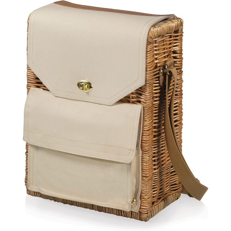 Vin et fromage panier de pique-nique - sac fourre-tout à vin - cadeau pour les amateurs de vin, (toile beige), 12 x 7 x 17