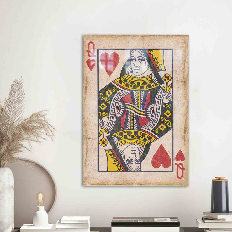 Art mural en verre trempé à thème Queen of Hearts, idéal pour ajouter une touche unique à votre salle de jeux