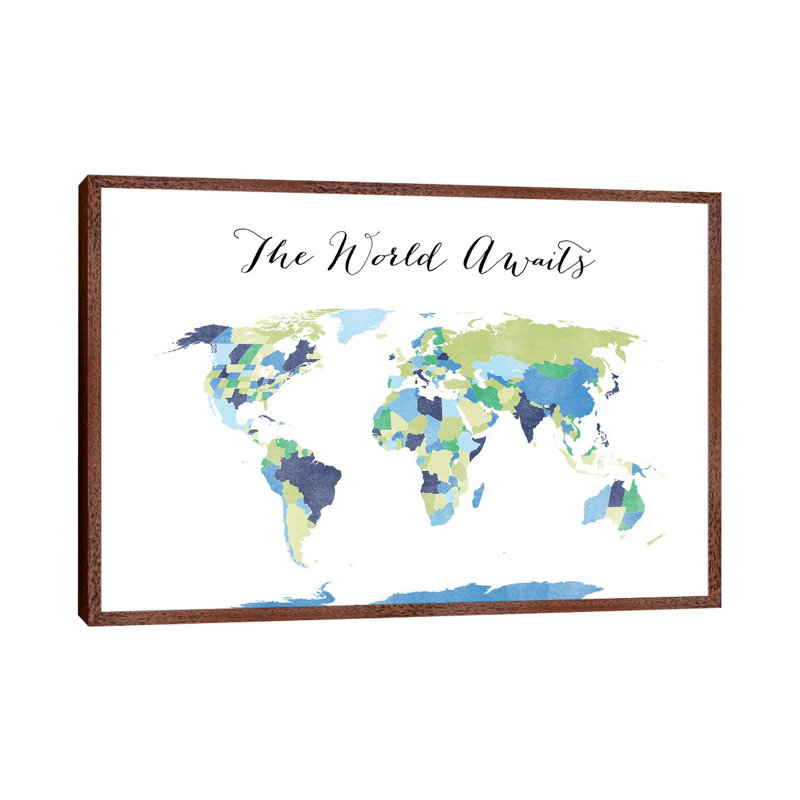 The World Awaits World Map by Blursbyai - Floater Frame Gallery-Wrapped Canvas Giclée on Canvas, Brown