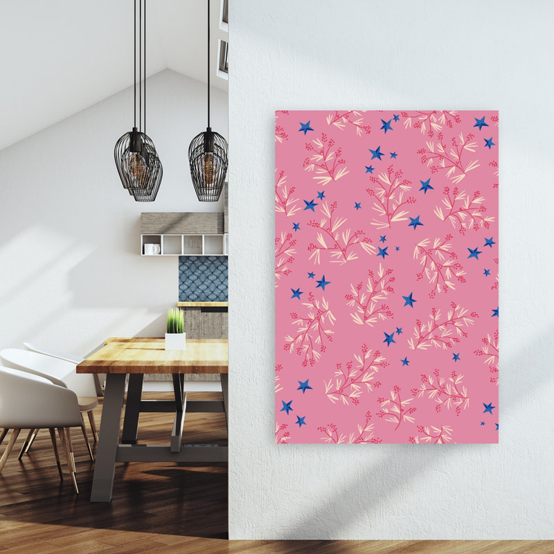 Pink Berries And Stars Whimsical Abstract Contemporary Rose Winter Landscape Wall Art Print by Annick - Wrapped Canvas Print
