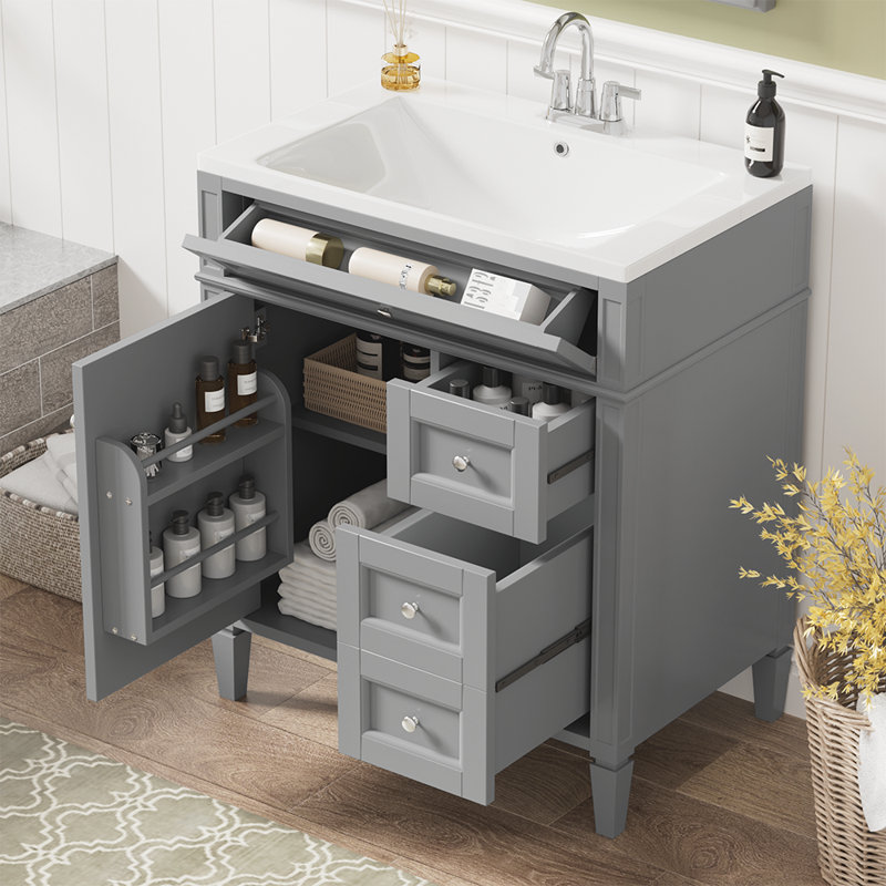 Eudaldo 30.01'' Single Bathroom Vanity with Solid Wood Top, Gray