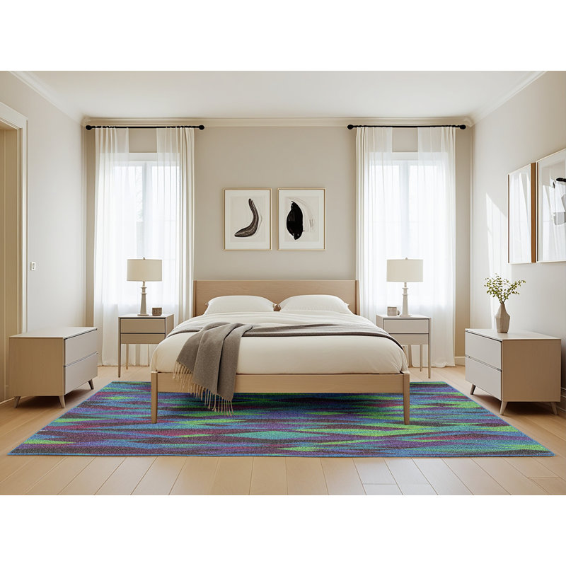 Tapis vert/brun/bleu à motif, Rectangle 5 pi x 8 pi
