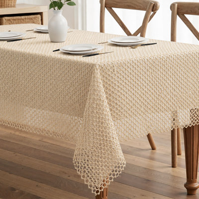 Violet Linen New Orleans Geometric Honeycomb Micro Waffle Lace Pattern, Polyester, Hexagon Mesh Lace, Ivory , 52 inch by 70 inch, Seats 4 to 6 people, Rectangular Tablecloths