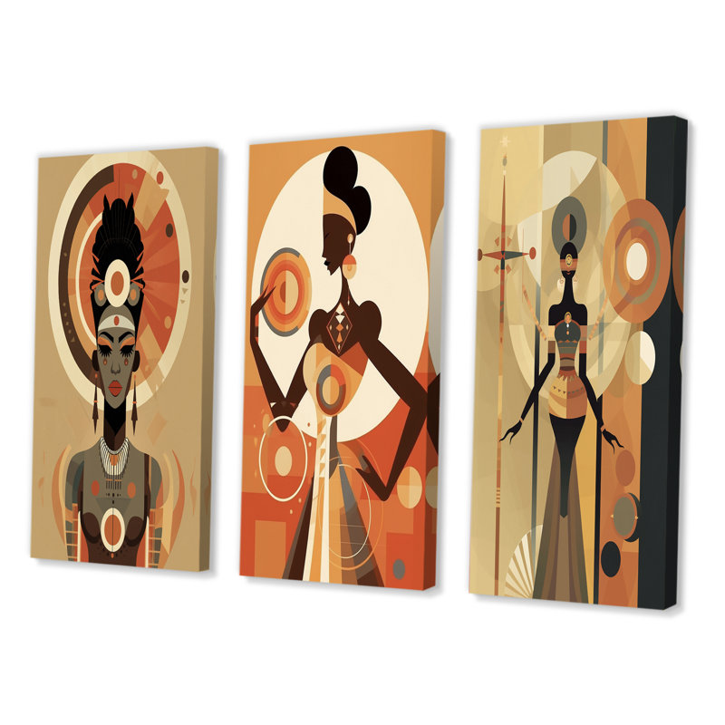 «Déesse africaine graphique rétro dans les tons de terre I», 3 pièces, Toile tendue, H 48 po x l 32 po