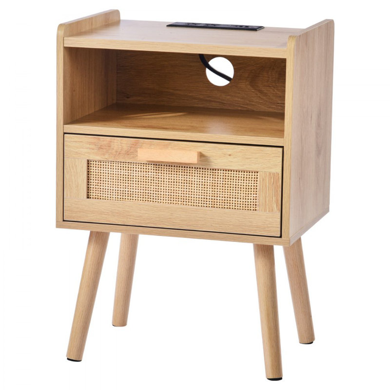 Rattan Nightstand - Stylish Boho Bedside Table with Drawer and Open Shelf. Crafted with Solid Wood Legs and Rattan, This Wooden Nightstand with a Charging Station is Ideal for Bedroom