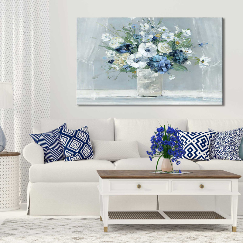 «Be Happy Blue» par Sally Swatland - Peinture, H 36 po x l 60 po x P 1,5 po, Toile tendue