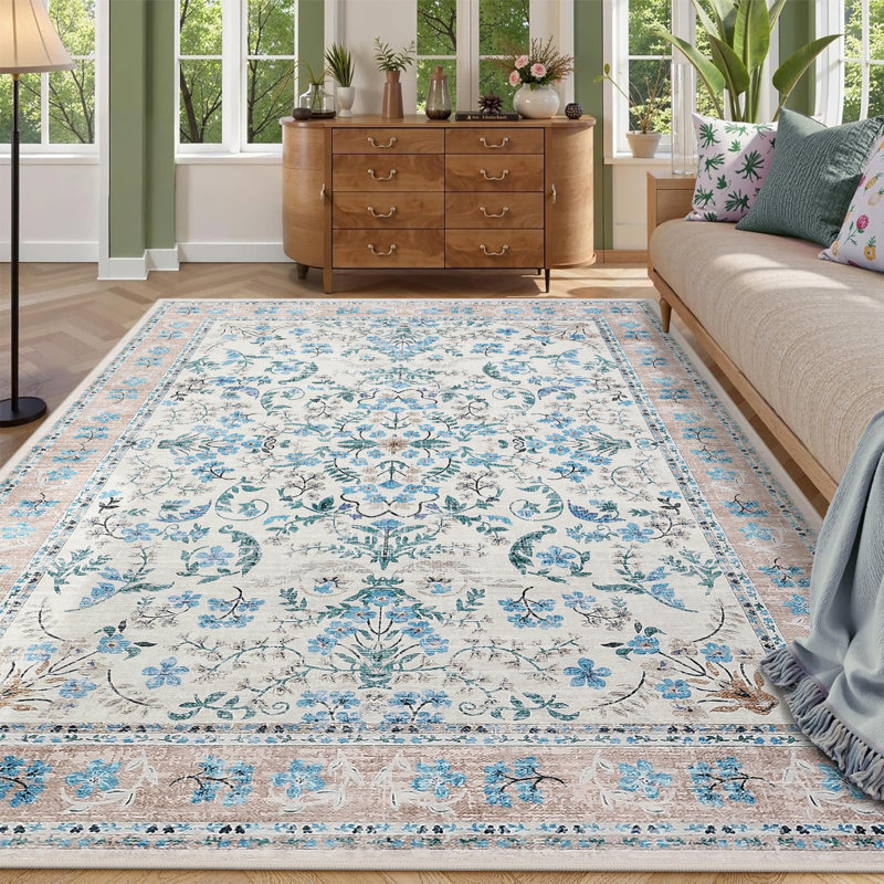 Area Rug 8x10 for Living Room, Washable Non Slip Low Pile Rugs, Floral Soft Carpet for Living Room, Bedroom, Dining Room, Blue