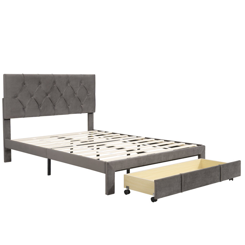 Lit plateforme avec rangement et velours, Gris, Lit double