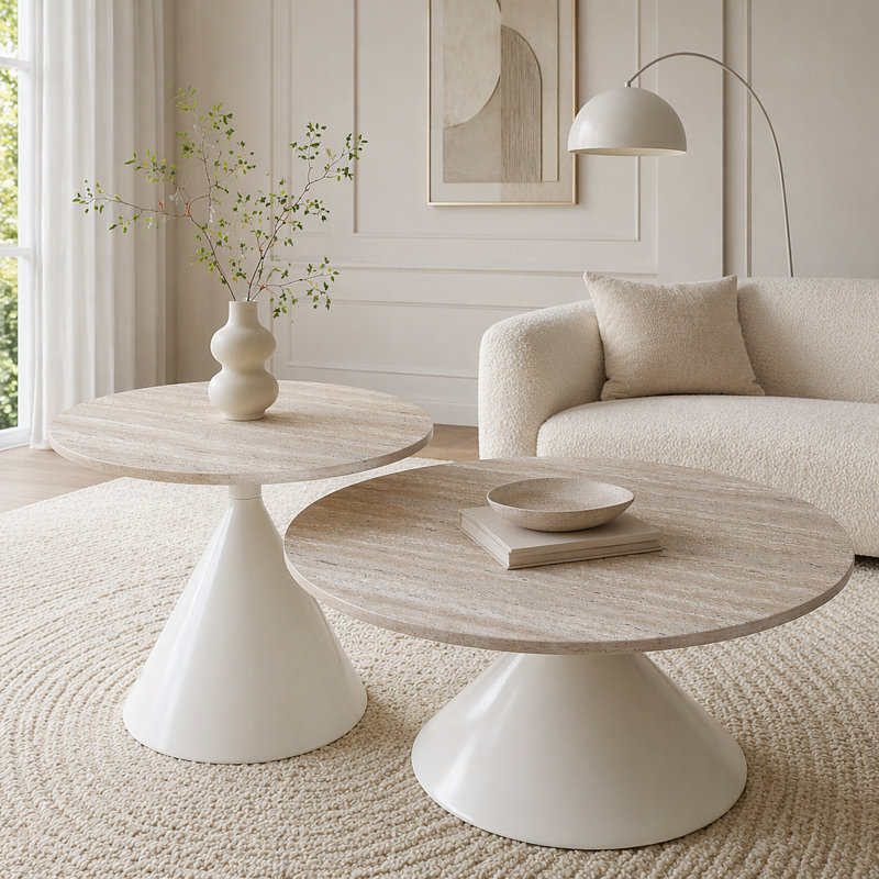 Ensemble de 2 tables basses rondes, plateau de table à motif noir avec base en acier, Blanc / Blanc