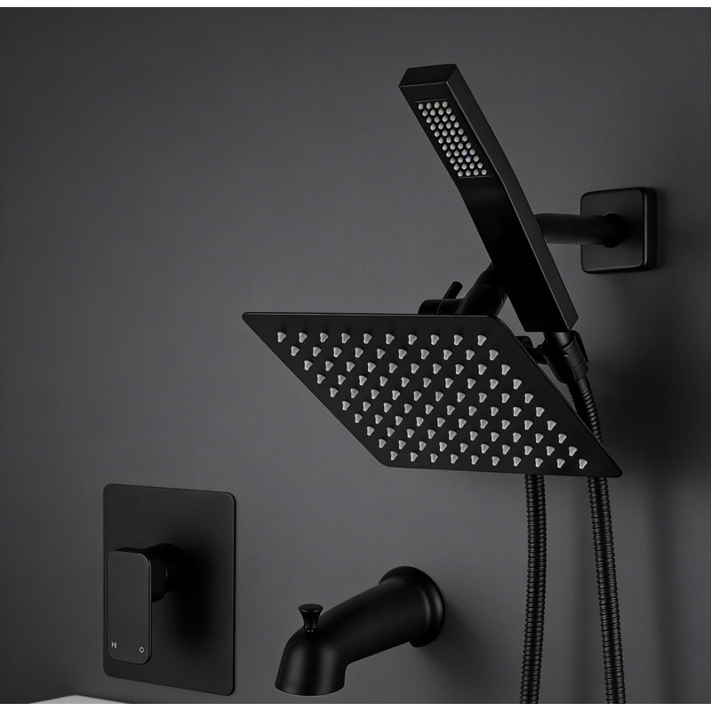 All Metal Shower Faucet Set, Square Shower Head， Handheld Shower Head，Tub Spout, Hose, Black