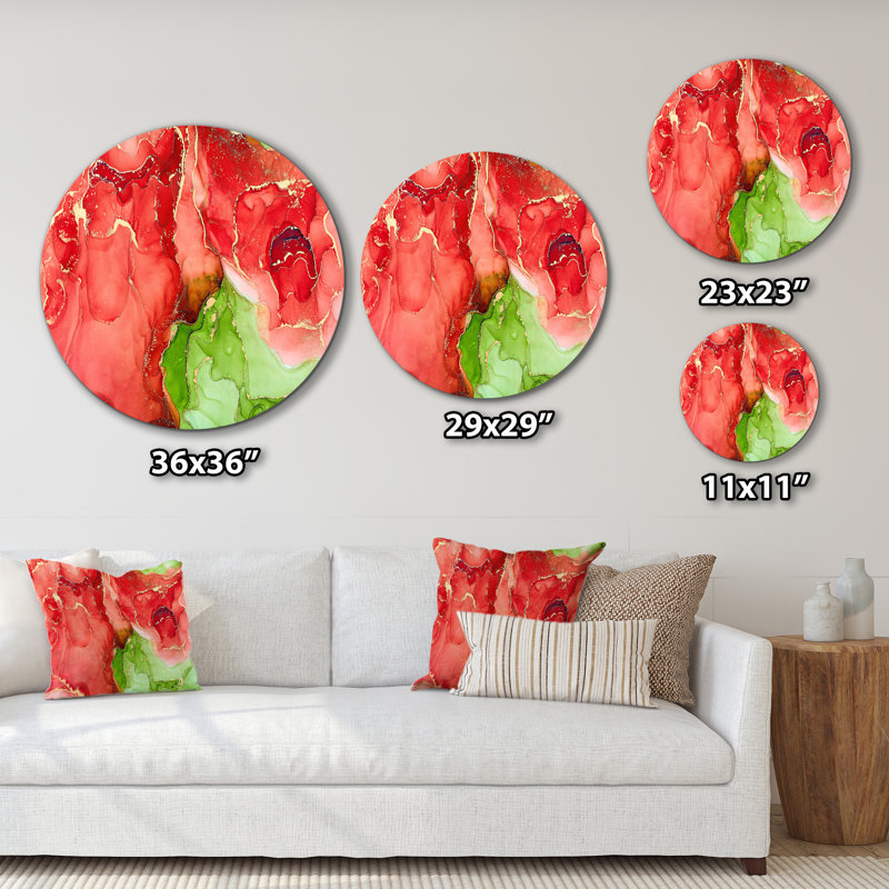 Rouge et vert, art abstrait fluide de luxe - cercle moderne en métal, art mural, H 36 po x l 36 po x P 1 po