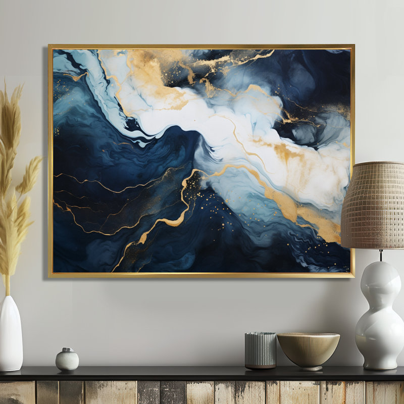 Or et bleu, peinture abstraite sur marbre IV - Art mural abstrait en marbre, Cadre flottant doré, H 16 po x l 32 po x P 1 po