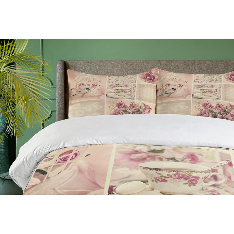 Pale Pink and White Floral Duvet Cover Set with Pillow Shams