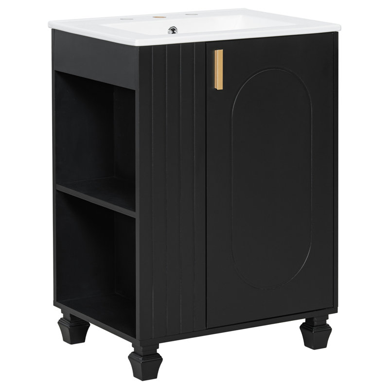 Meuble-lavabo 24 po avec lavabo, armoire de salle de bain avec tablette de porte, rangement latéral ouvert, Noir