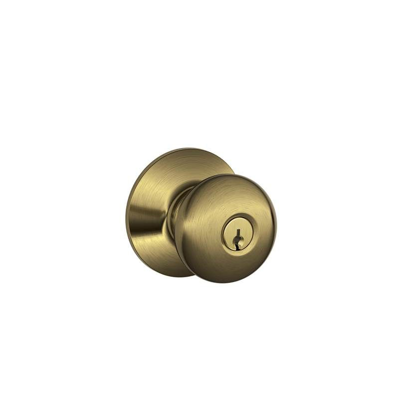 Plymouth F Series Keyed Entry Knobset with Round Rosette, Antique Brass