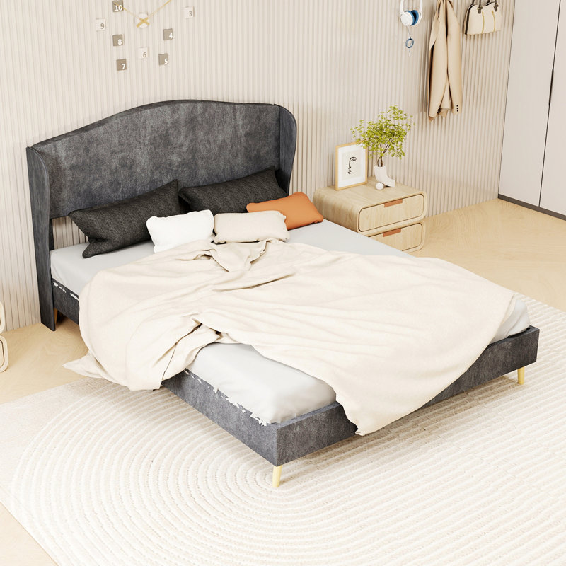 Upholstered Bed For Bedroom, Gray, Grand lit