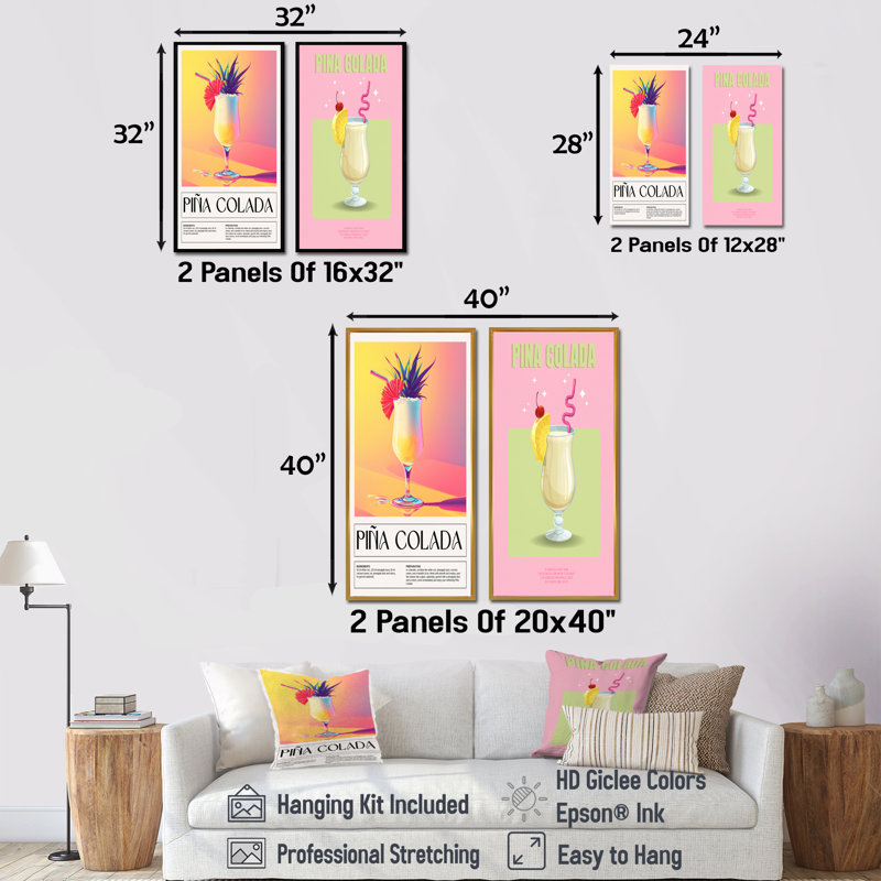Porto Rico Pina Colada Cocktail I - ensemble d'art mural 2 pièces, H 40 po x l 40 po, Toile tendue sur cadre