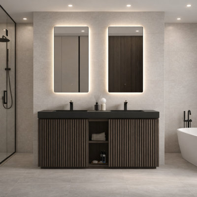 Adria 60" Freestanding Double Bathroom Vanity With Integrated Black Quartz Sink, Fluted Wood Cabinet, Soft-Close Storage, In Walnut Brown / Smoked / Light Oak