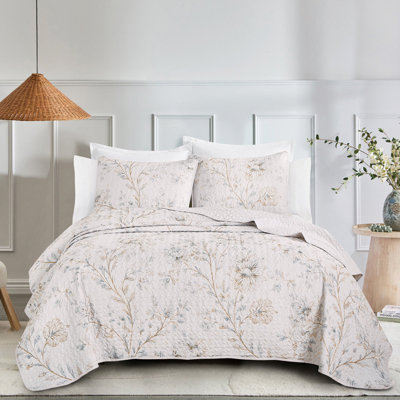 Ivory Gold Vine Floral Quilt Set Botanical Bedding