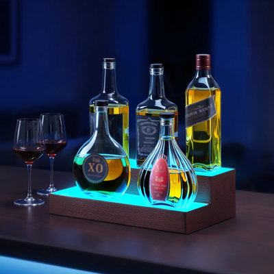 LED Lighted Liquor Bottle Display, 2-Tier Whiskey Rack, Support USB, Illuminated Home Bar Shelf with RF Remote & App Control, 7 Static Colors, Acrylic