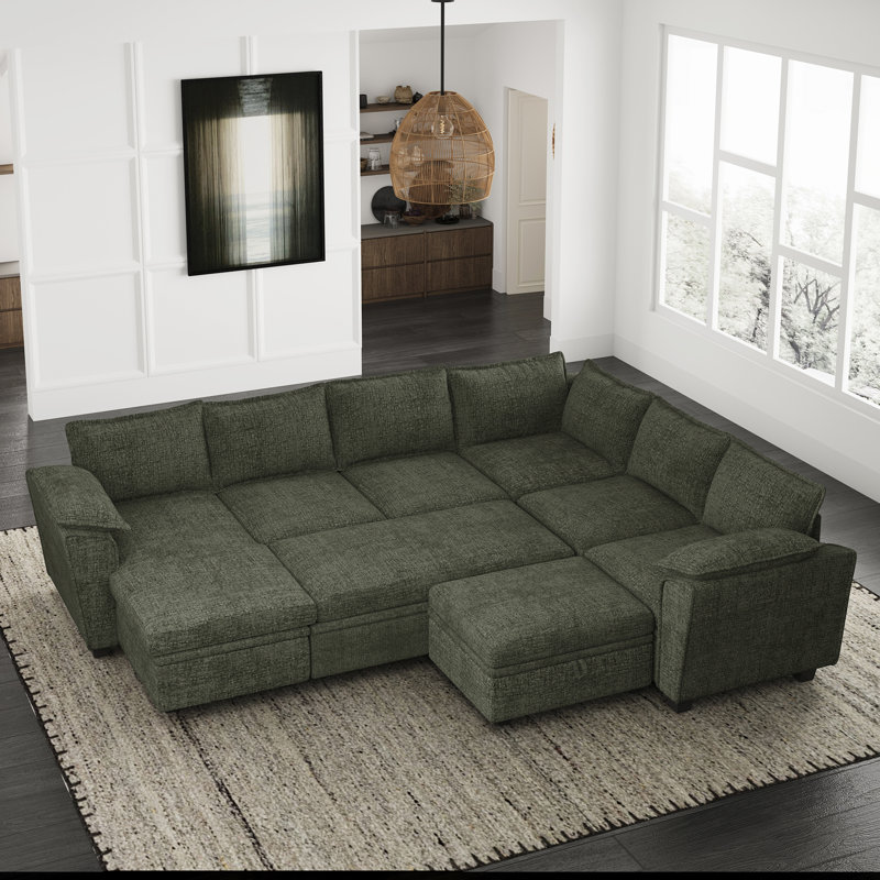 Luna Chenille U-Shaped Sofa Sectional Pull Out Bed Sleeper Livingroom Storage Seat Couch With Ottoman, Green Chenille