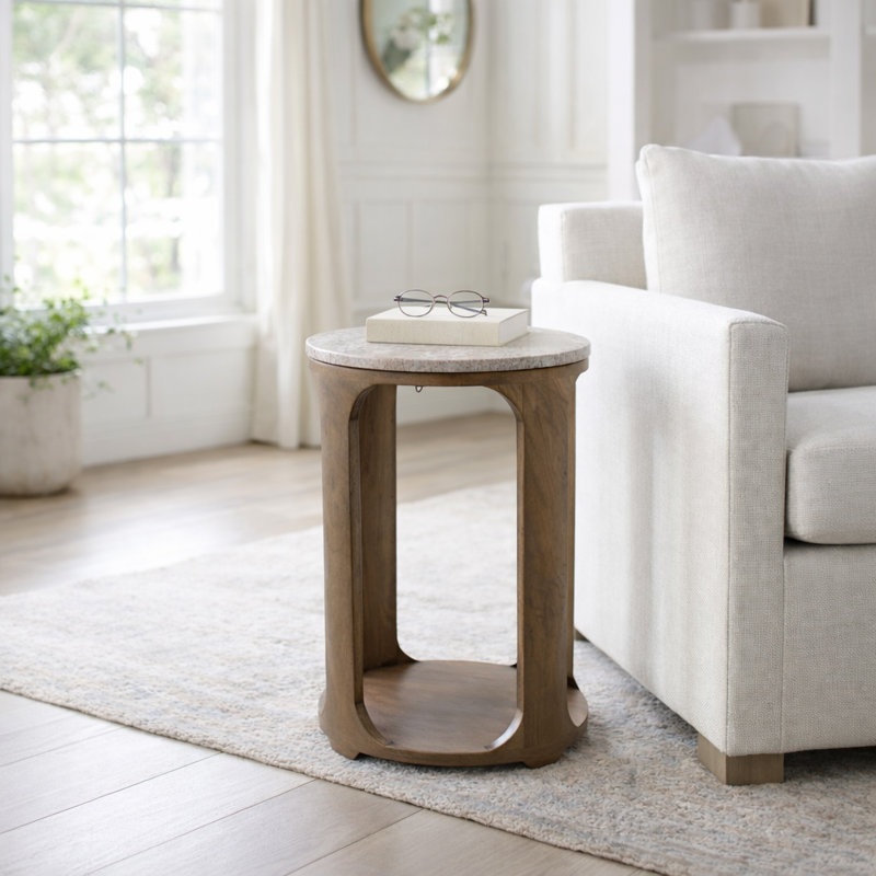 Odera Modern Round Marble Top Accent End Side Table With Wood Base For Living Room Styling - Contemporary Open-Base Design For Narrow Seating Spaces - 22"