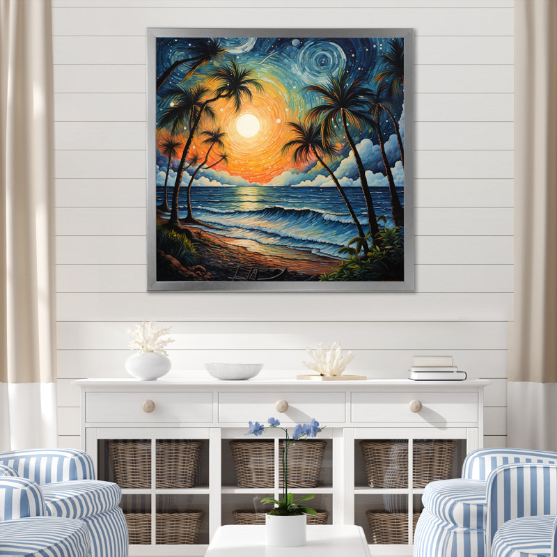 Beach Tropical Vibes Pointillism I - Beach Canvas Wall Art, H 36 po x l 36 po x P 1,5 po, Cadre simple argenté